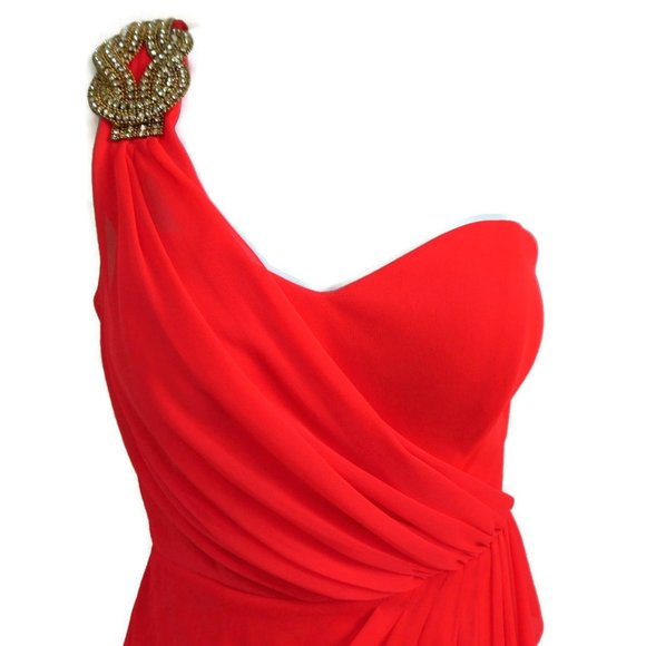 Cache Cocktail Dress Rhinestone Brooch Neon Red Ruched Padded Bra Zip Back USA 4 - Picture 8 of 15